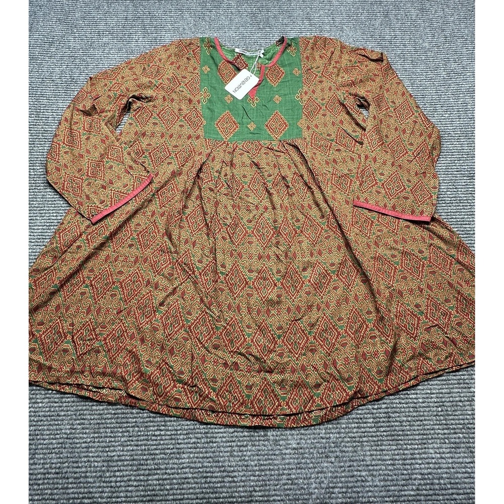Generation Tunic Dress Womens 14 Green Red Print 100% Cotton Kurta‎ Top Boho New